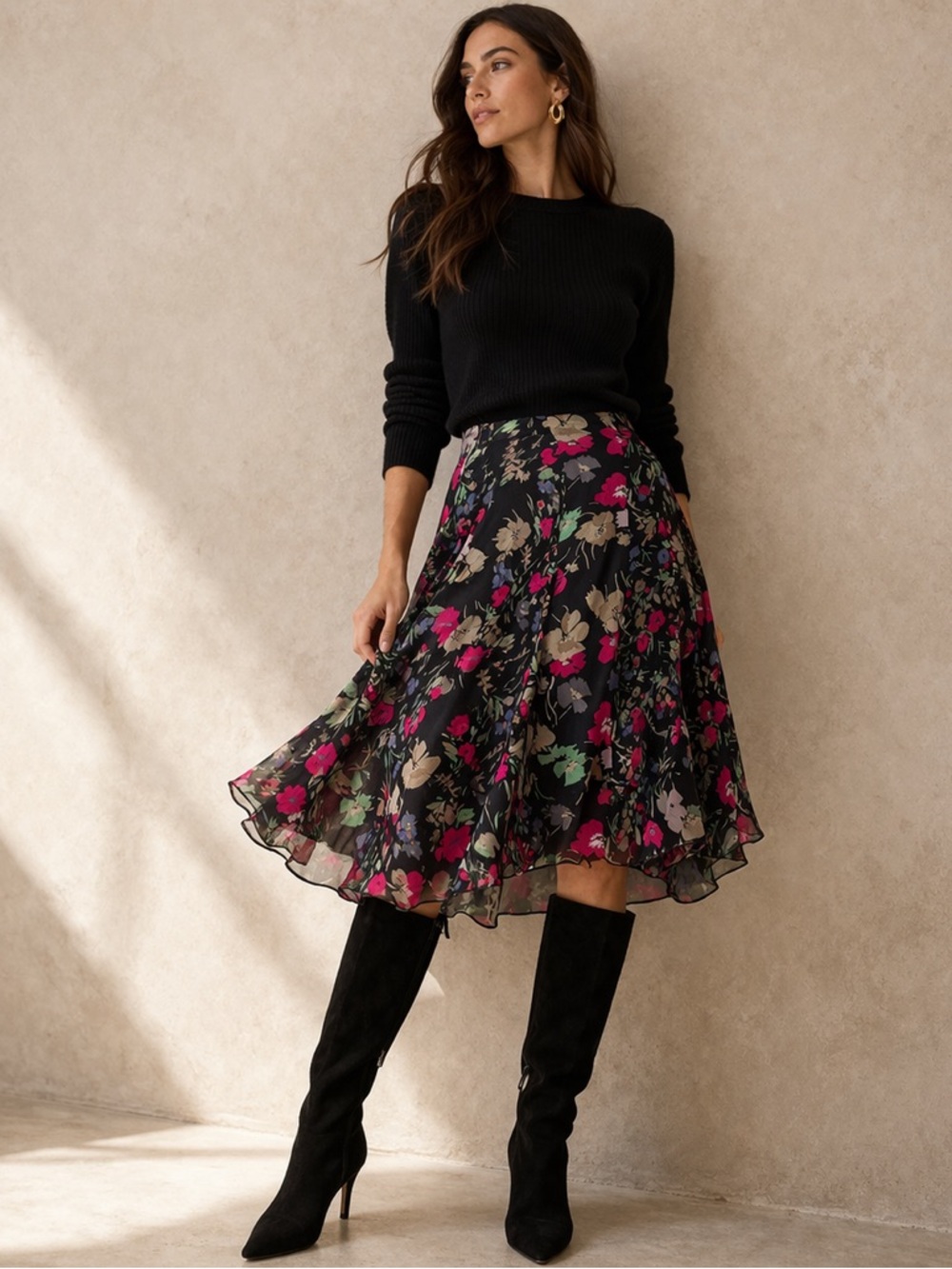 Lauren Ralph Lauren Floral Chiffon Skirt Black Pink Sheer Overlay NWT 8